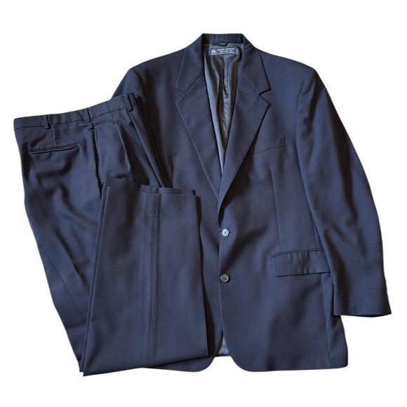 Vintage Brooks Brothers Navy Blue 100% Wool Suit Made in USA Size 46L/39x31.5